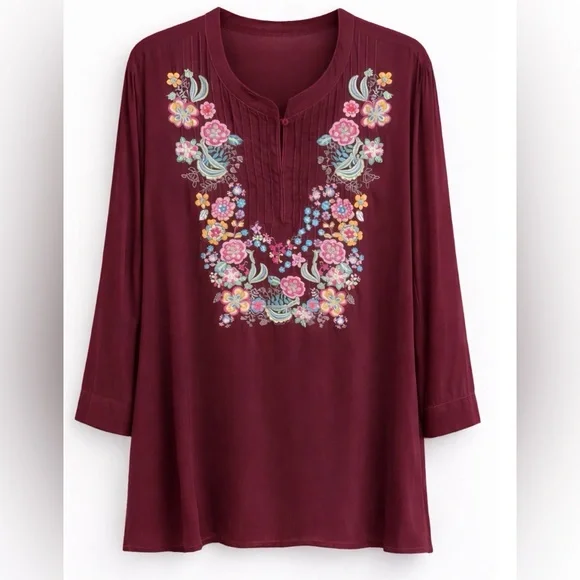 Johnny Was Embroidered V-Neck Tunic Top - Wine